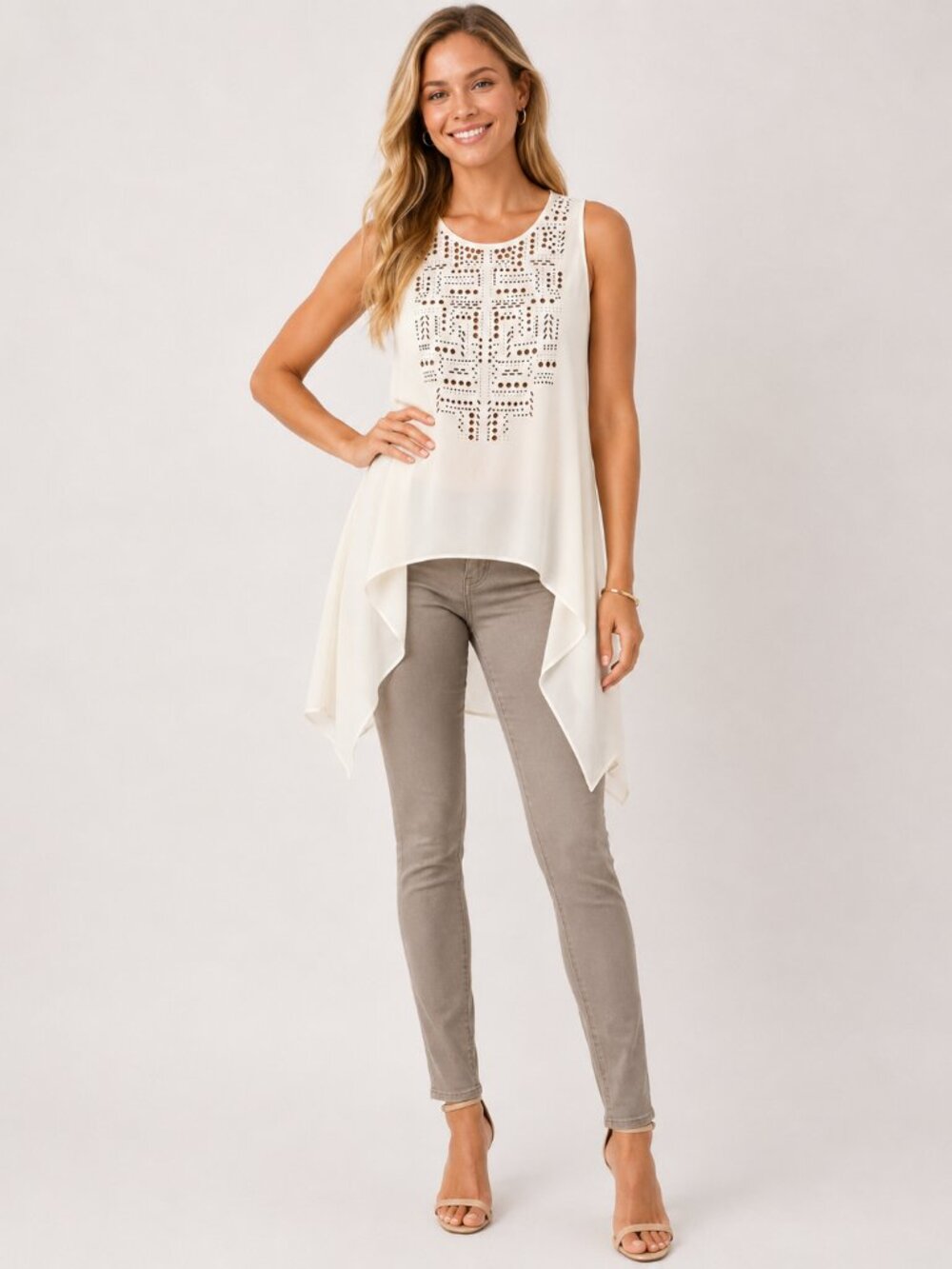 Ivory Laser Cut Sleeveless High Low Tunic Top - xs